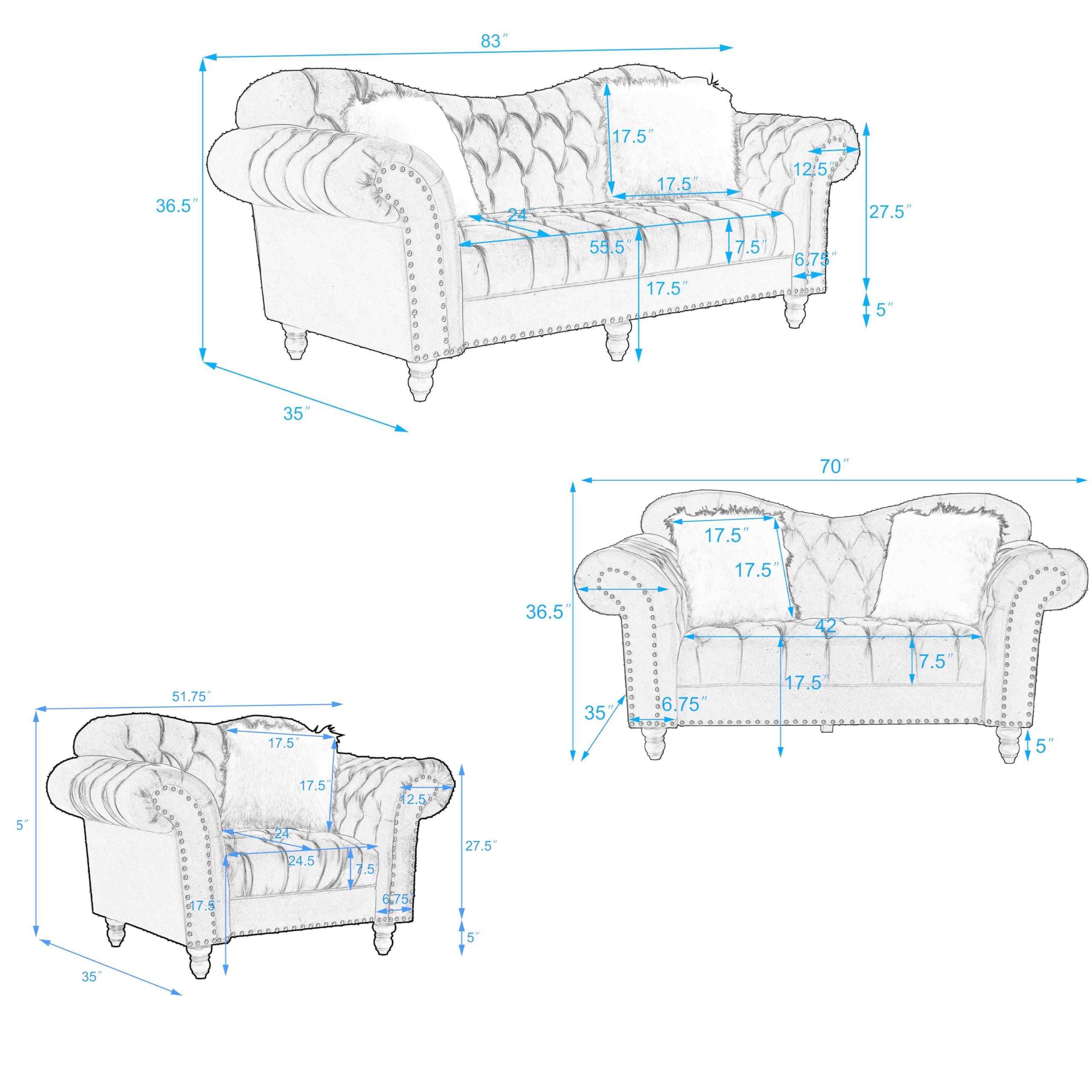 ERYE 3 Pieces Luxury Chesterfield Sofa Sets Velvet Upholstered Button Tufted Sofa&Couch Include 3-Seaters Couch, Loveseat and Armchair with Copper Nail Decor, 5 Villose Pillows for Living Room