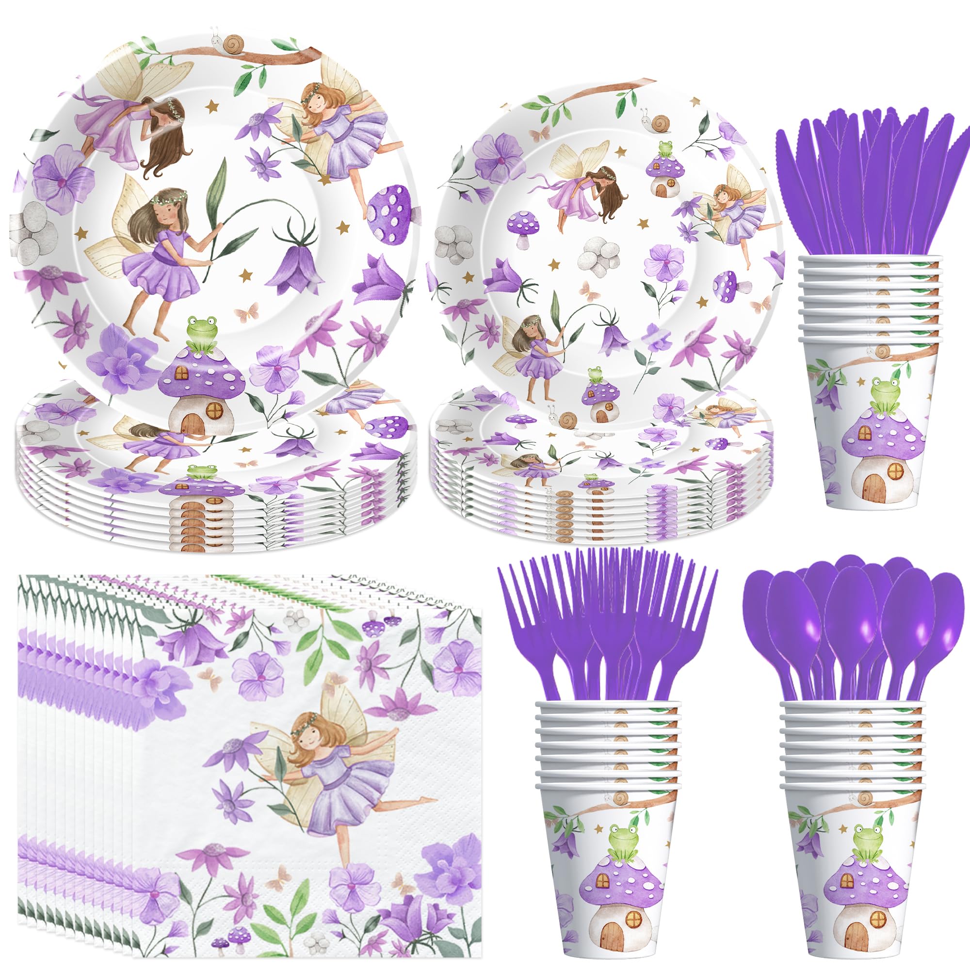 Xenorik Fairy Party Decorations Tableware - Purple Fairy Birthday Party Supplies, Paper Plate, Cup, Napkin, Cutlery, Flower Fairies Princess Enchanted Forest Garden Baby Shower Decorations | Serve 24