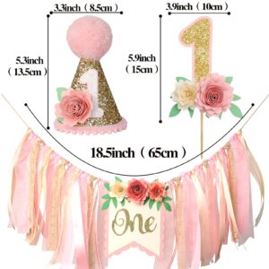 Dusty Pink 1st Birthday High Chair Floral Banner Decor Boho Floral 1st Birthday Hat Decorations 1st Birthday Cake Topper Baby Girl Banner Baby Shower Wall Hangings Decorative For Kids Bedroom