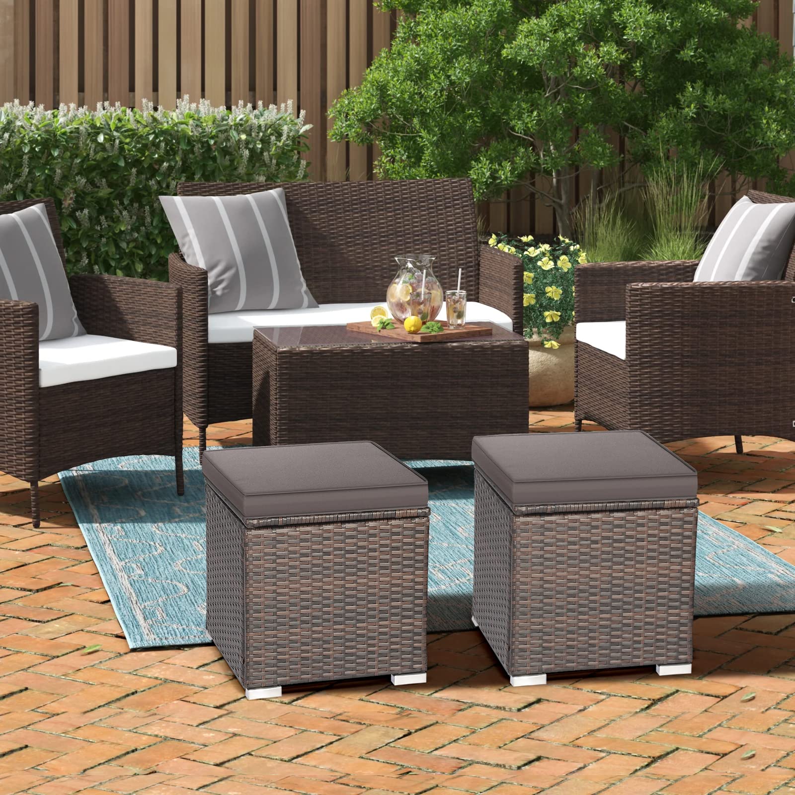 MEDIMALL Patio Wicker Ottoman Set of 2, Multipurpose Outdoor Footstool w/Removable Cushions, Rattan Side Table w/Storage, Footstool Ottoman Seat for Garden, Backyard, Poolside (Gray)