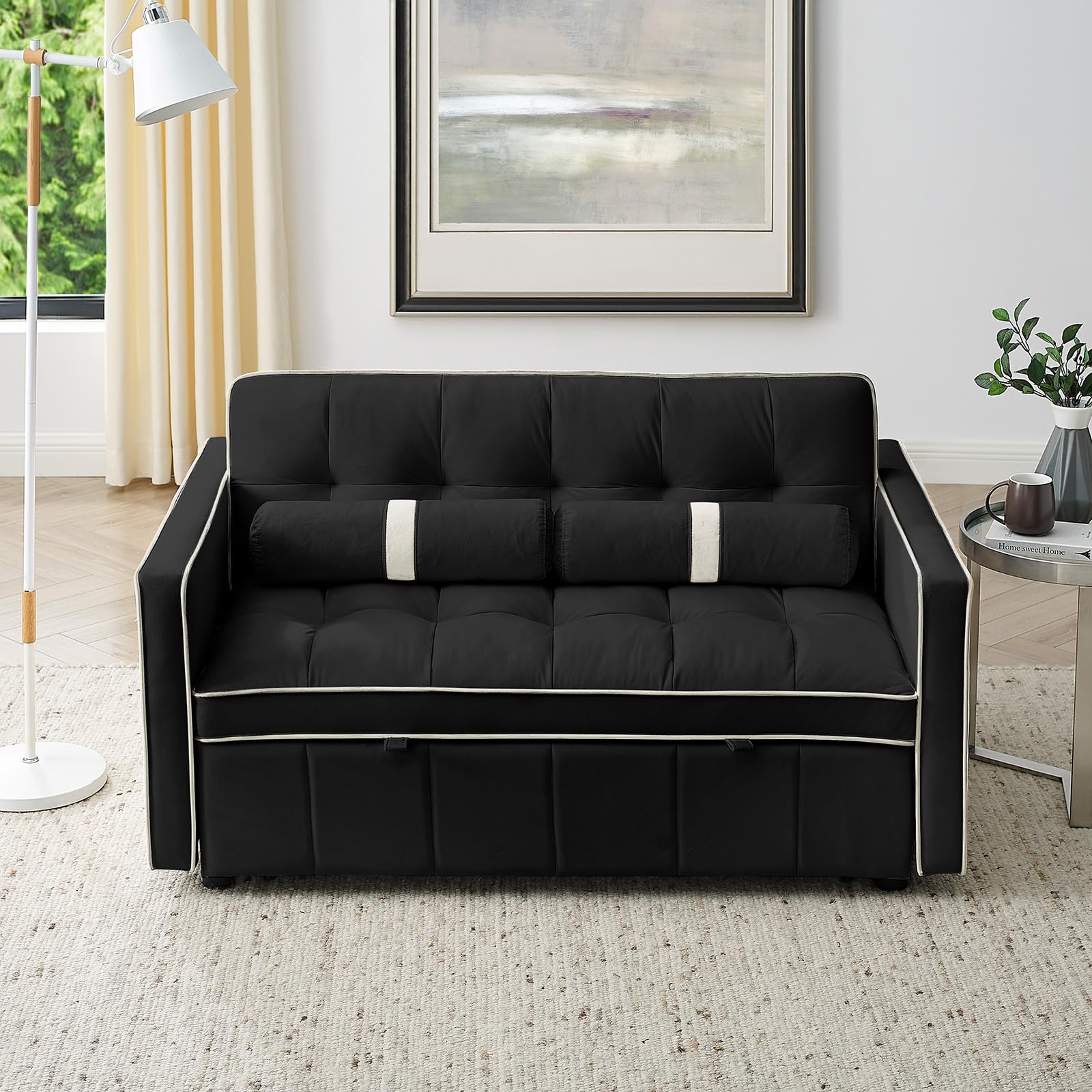 3-in-1 Convertible Sleeper Sofa Bed,55.5" Modern Tufted Velvet Pull Out Couch Bed,Futon Small Love Seat Sofa with Adjustable Backrest&Cylinder Pillows for Living Room,Apartment,Small Places(Black)