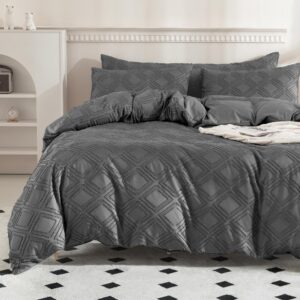 jellymoni dark grey duvet cover twin size - 3 pcs microfiber tufted duvet cover set, boho textured duvet cover jacquard rhombus geometric pattern duvet cover with corner ties & zipper closure