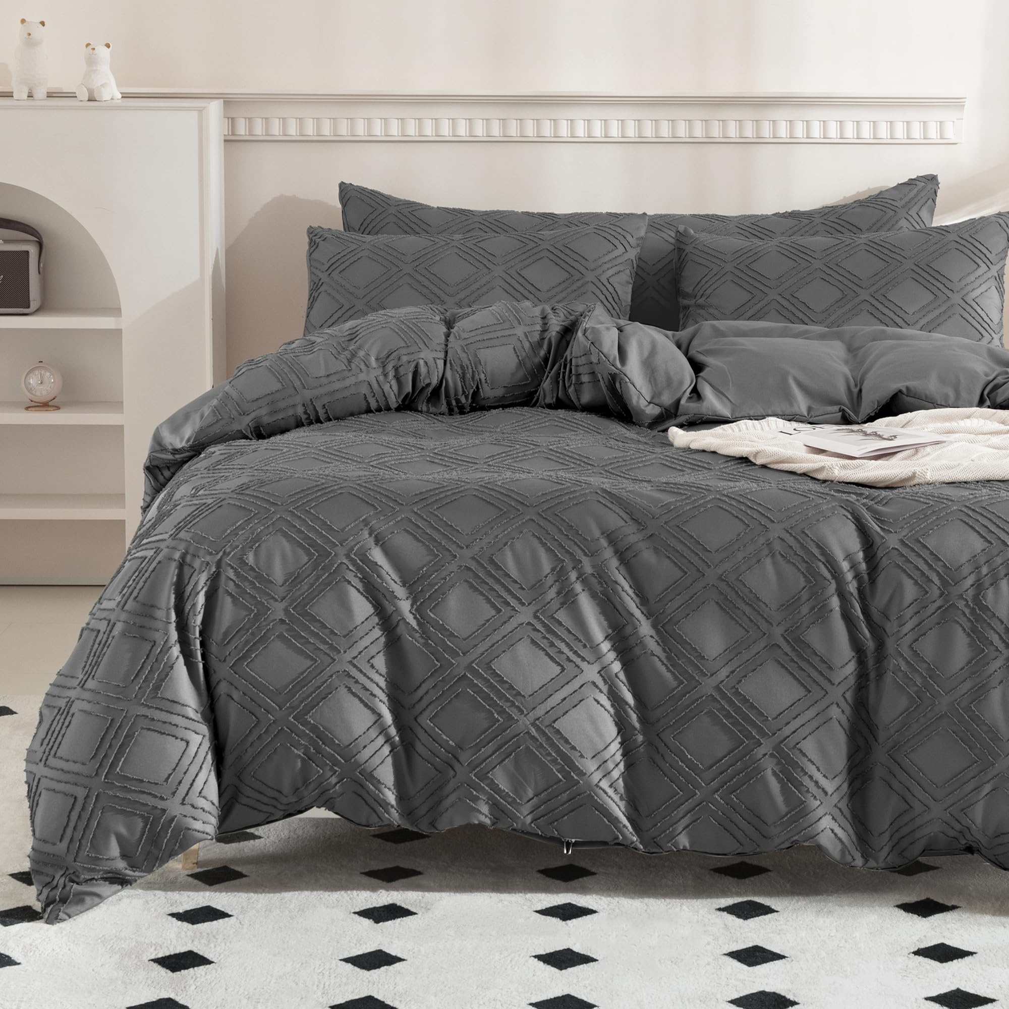 JELLYMONI Dark Grey Duvet Cover Twin Size - 3 PCS Microfiber Tufted Duvet Cover Set, Boho Textured Duvet Cover Jacquard Rhombus Geometric Pattern Duvet Cover with Corner Ties & Zipper Closure