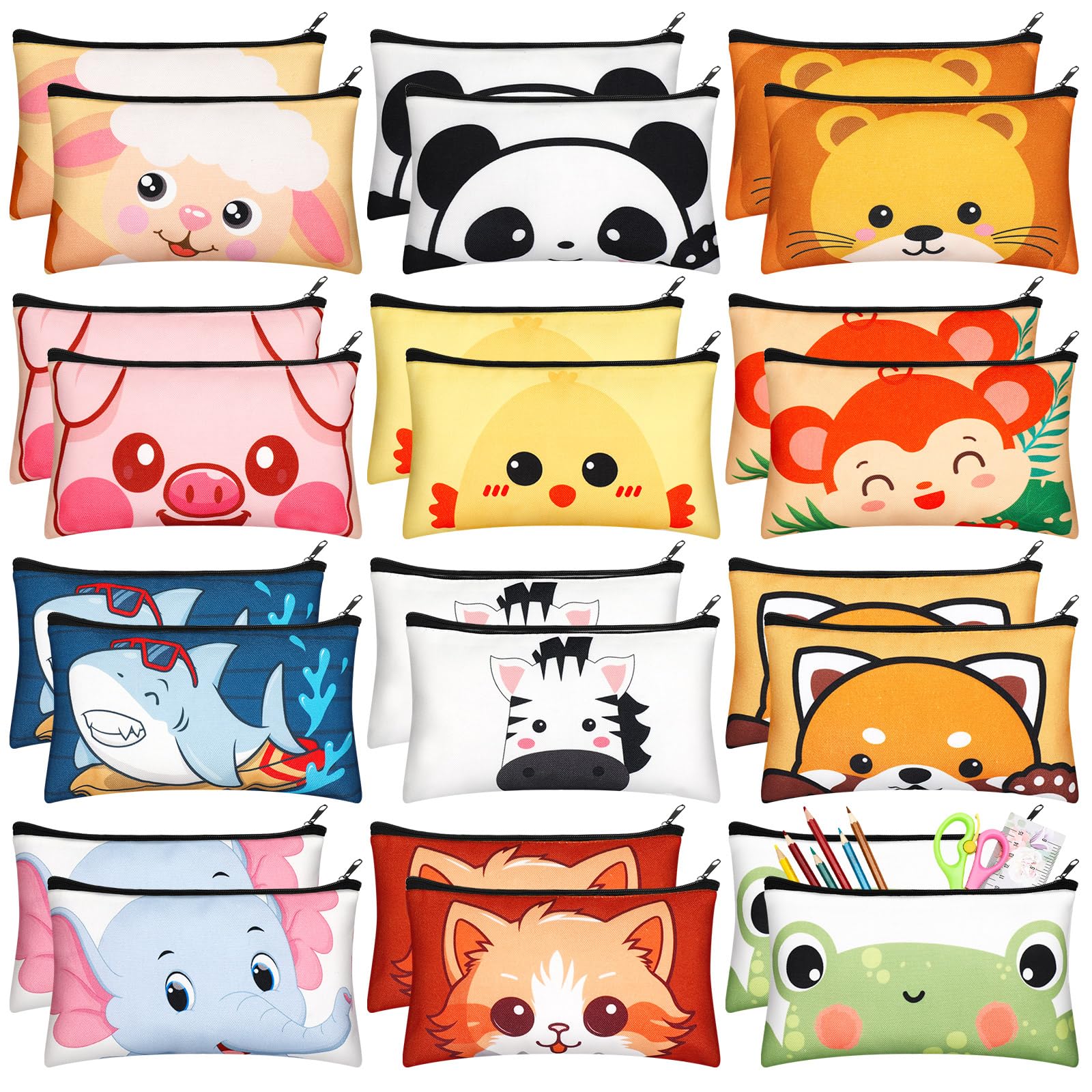 Dispowreath 24 Pcs Cartoon Zipper Pencil Pouch Bulk Cute Cartoon Pencil Case Multicolored Cat Panda Pen Bag Stationery Back to School Supplies for Boys Girls Christmas Gift