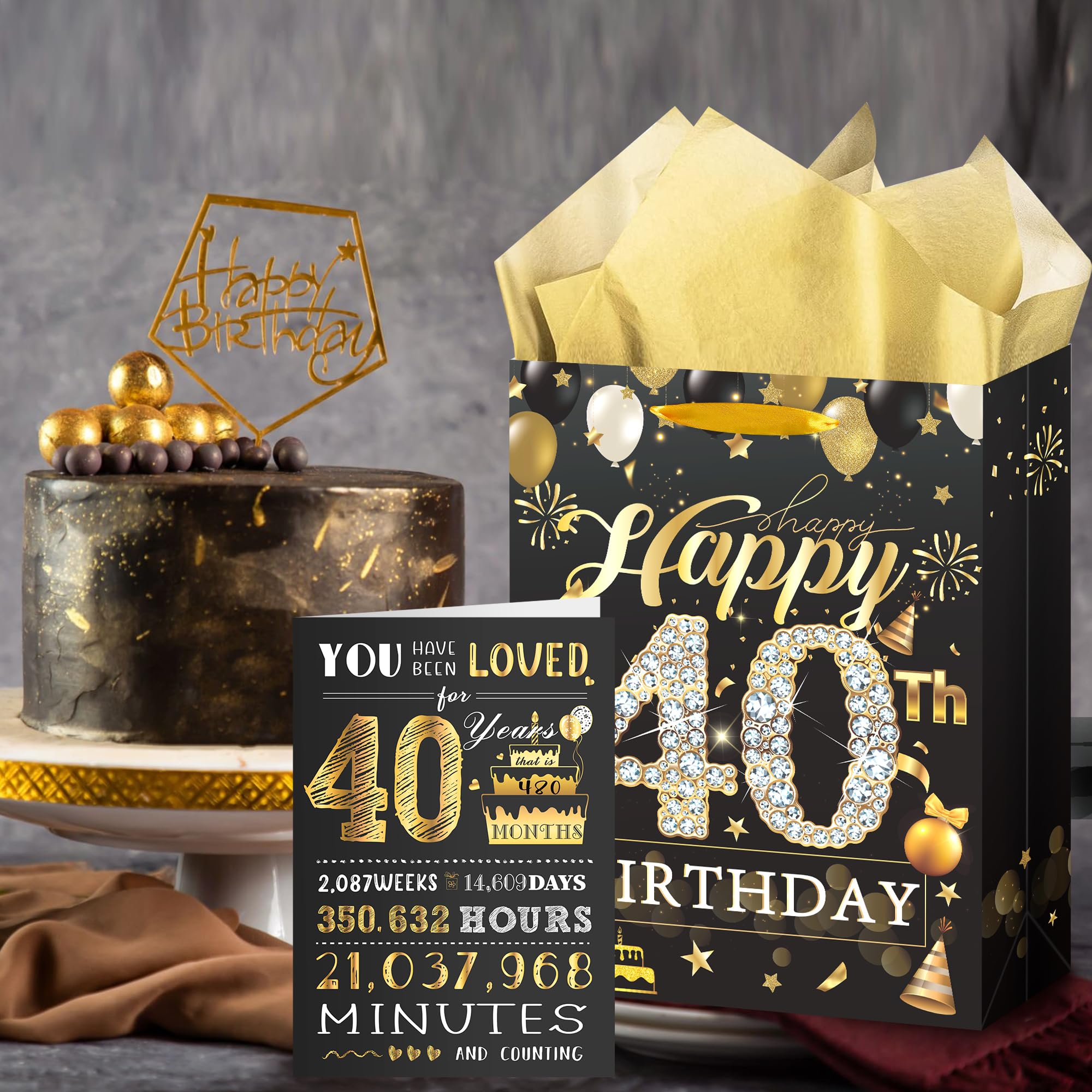 EoBeCy 40th Birthday Gift Bag: Black Gold Happy Birthday Gift Bag with Card and Tissue Papers for 40 Year Old Men Women Birthday Gift Wrap Bags with Handles for 40th Birthday Party Gift Bags