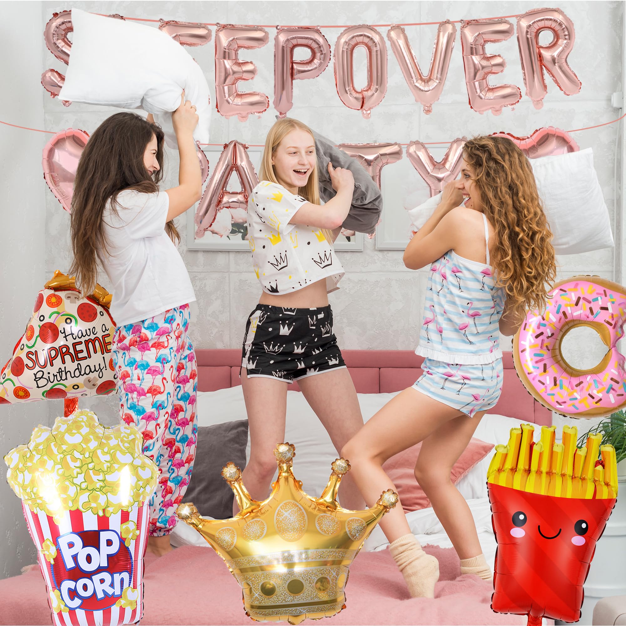 Sleepover Party Supplies for Girls - Rose Gold Sleepover Party Balloon Banner Large Popcorn Donut Pizza Crown Foil Balloons Girls Night Slumber Pajamas Spa Party Birthday Party Decorations