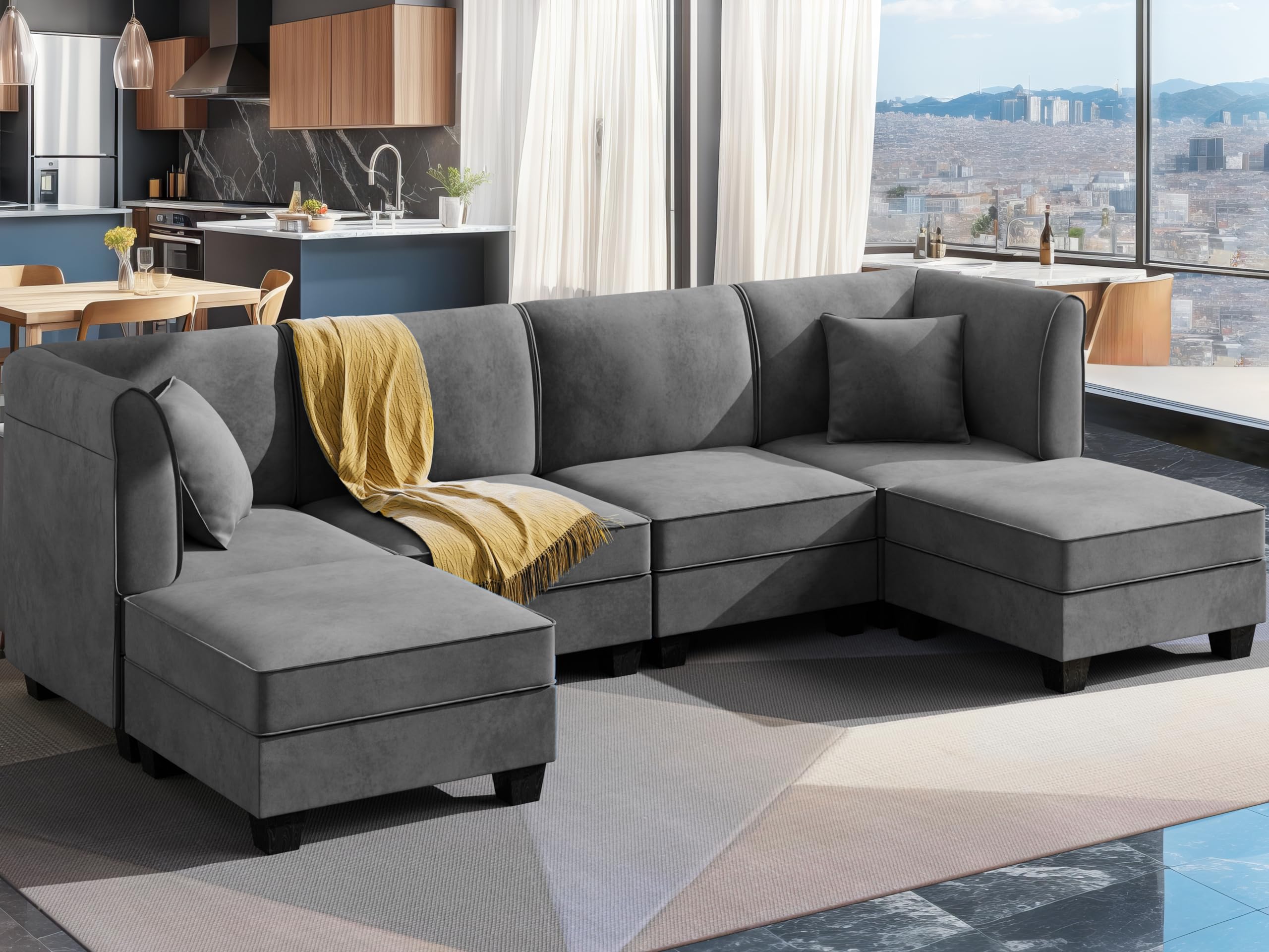 JAMFLY Modular Sectional Sofa U Shaped Sectional Couch with Reversible Chaise Convertible Sectional Couches for Living Room, 6 Seat Sofa Couch with Ottomans, Drak Grey