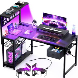 homieasy l shaped gaming desk with drawer & pegboard, 47 inch led small computer desk with power outlet & storage shelves, reversible corner desk with monitor stand, headset hooks, carbon fiber black