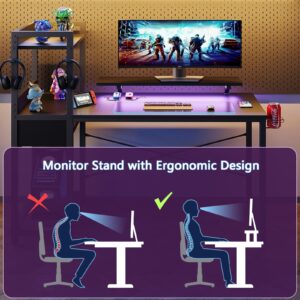 TREETALK Gaming Desk with Power Outlets & Music Strip Lights,47In Reversible Computer Desk with Storages Shelves,Wooden Drawer& CPU Stand, PC Laptop Table with Large Monitor Stand for Home Office