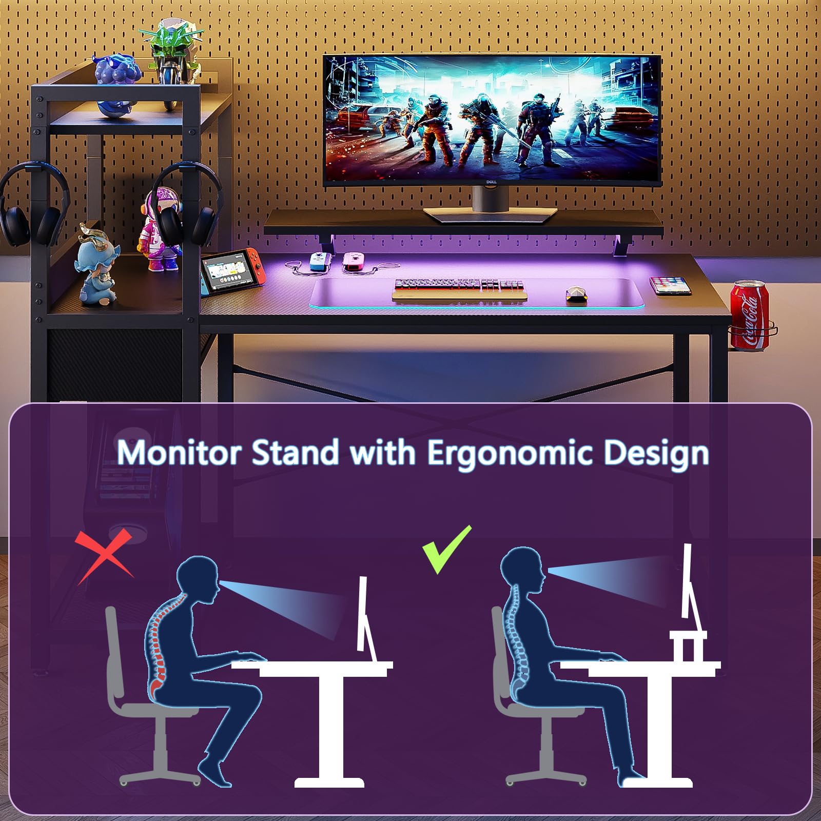 TREETALK Gaming Desk with Power Outlets & Music Strip Lights,47In Reversible Computer Desk with Storages Shelves,Wooden Drawer& CPU Stand, PC Laptop Table with Large Monitor Stand for Home Office