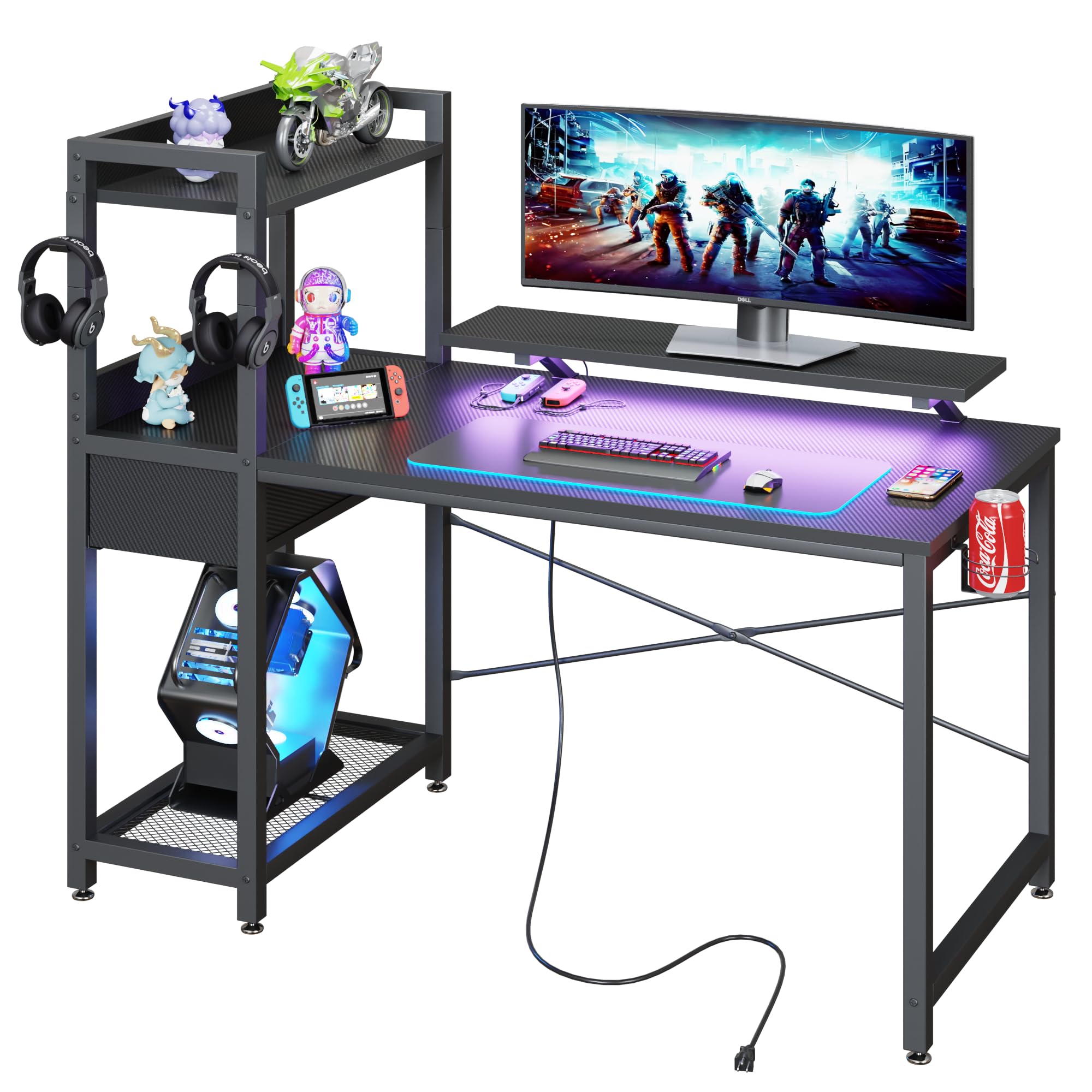 TREETALK Gaming Desk with Power Outlets & Music Strip Lights,47In Reversible Computer Desk with Storages Shelves,Wooden Drawer& CPU Stand, PC Laptop Table with Large Monitor Stand for Home Office