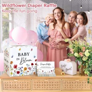 Heboland Baby in Bloom Baby Shower Decorations Diaper Raffle Box with 50 Tickets, Girls Wildflower Diaper Raffle Card Box Games Kit