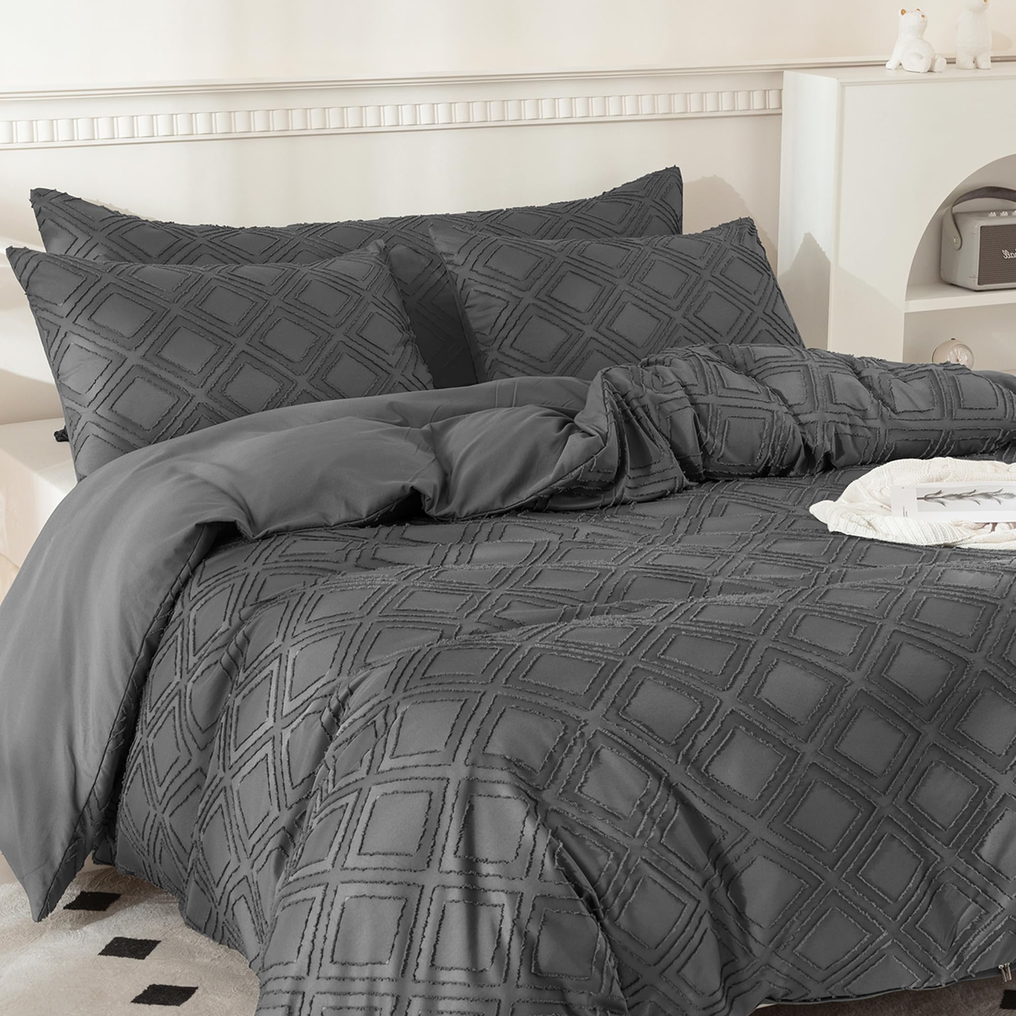 JELLYMONI Dark Grey Duvet Cover Twin Size - 3 PCS Microfiber Tufted Duvet Cover Set, Boho Textured Duvet Cover Jacquard Rhombus Geometric Pattern Duvet Cover with Corner Ties & Zipper Closure