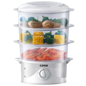 gdor 3 tier electric food steamer for cooking, 800w vegetable steamer for fast simultaneous cooking, boil dry protection, dishwasher safe, 60-minute timer, bpa-free, 9.6 qt, white