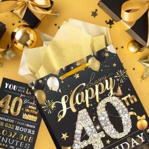 EoBeCy 40th Birthday Gift Bag: Black Gold Happy Birthday Gift Bag with Card and Tissue Papers for 40 Year Old Men Women Birthday Gift Wrap Bags with Handles for 40th Birthday Party Gift Bags