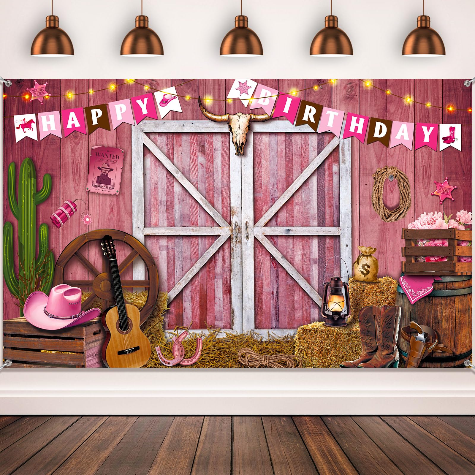 Breling Western Cowgirl Birthday Banner Cowboy Backdrop Photography Booth Prop Pink Cowgirl Party Background for Cowgirl Birthday Baby Shower Party Decorations Supplies, 71 x 43 Inch