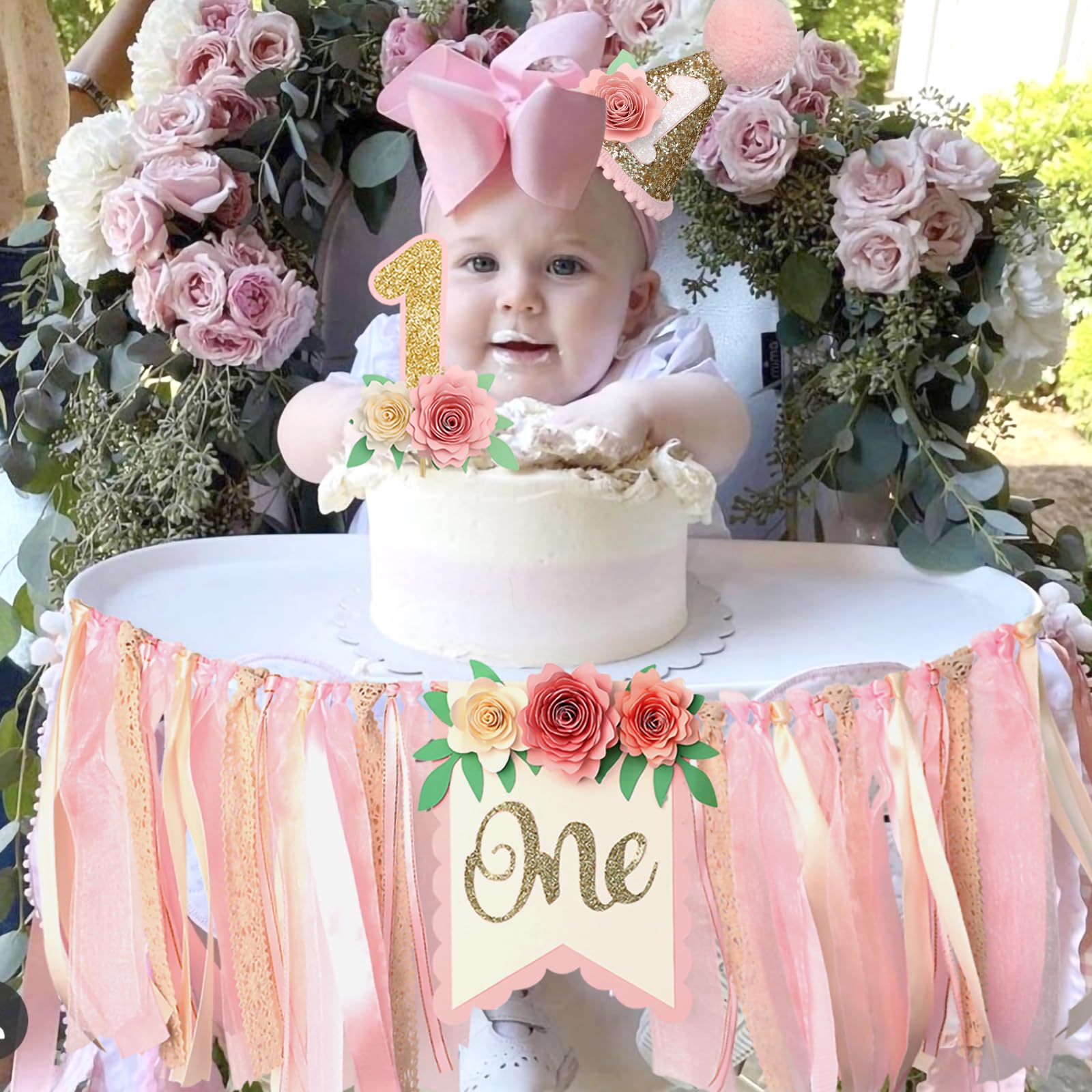 Dusty Pink 1st Birthday High Chair Floral Banner Decor Boho Floral 1st Birthday Hat Decorations 1st Birthday Cake Topper Baby Girl Banner Baby Shower Wall Hangings Decorative For Kids Bedroom