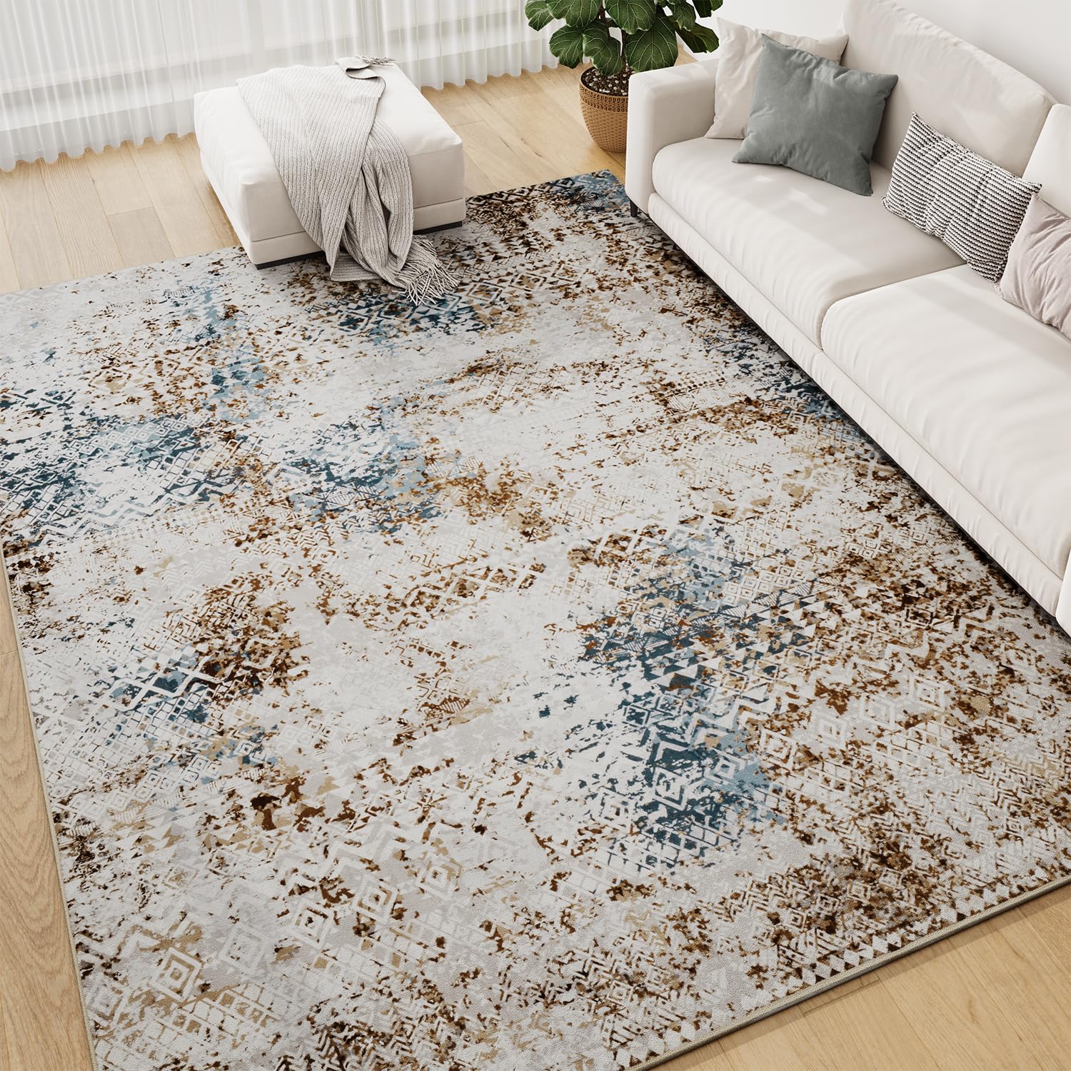 Area Rugs 5x7 Rugs for Living Room Rug Carpets for Living Room Bedroom Rug Machine Washable Rugs for Dining Room Abstract Modern Boho Rug Soft Rug Brown Teal