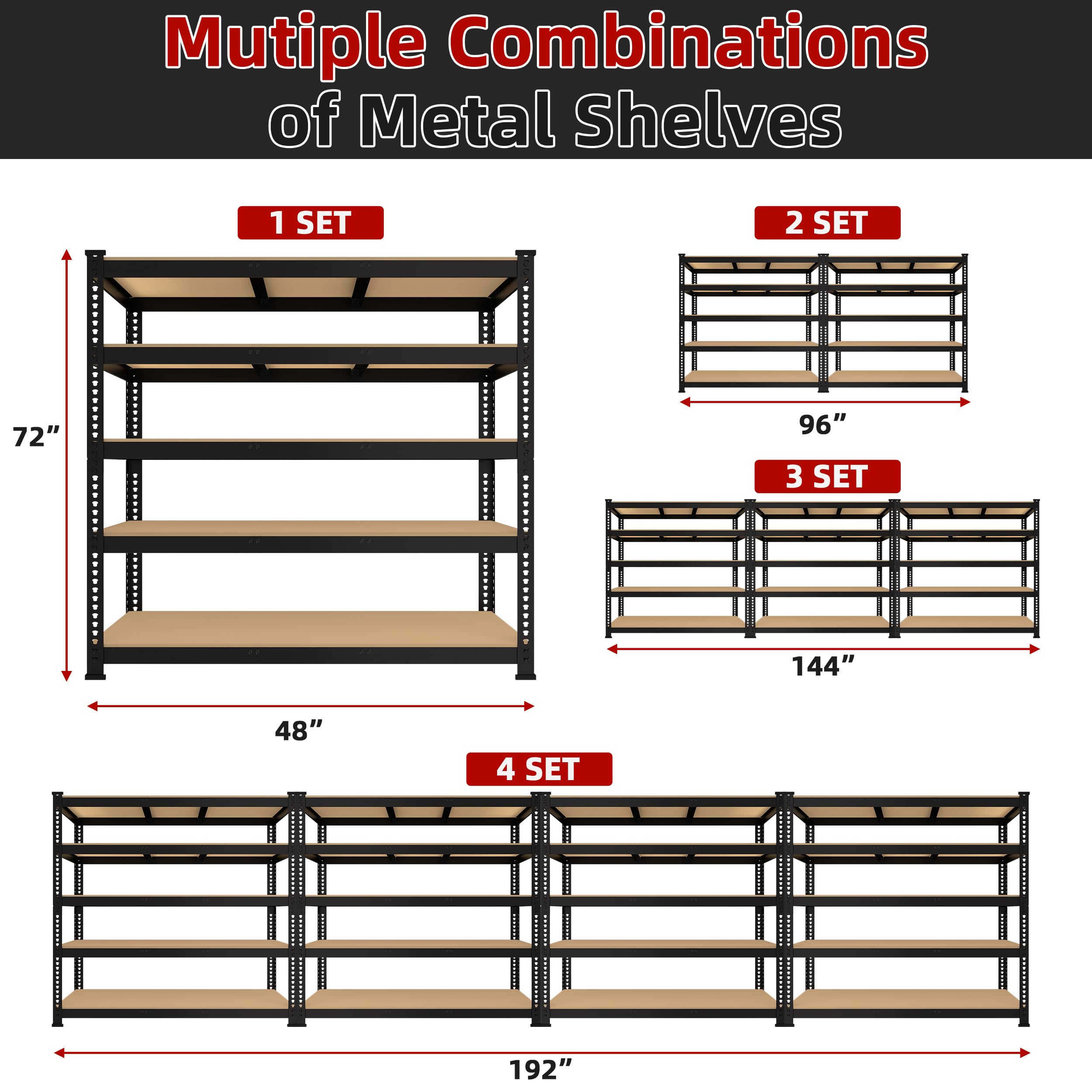 BuxWellBang 48" W x 18" D x 72" H Adjustable Garage Storage Shelves - 5-Shelf Heavy Duty Shelving Unit, Metal Utility Storage Organizer Racks for Warehouse Pantry Closet Kitchen, Black