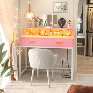 Cyclysio Vanity Desk with Mirror and Lights, 36 Inch Makeup Vanity with 2 Wooden Drawers & Storage Shelves, Pink Small Vanity with Power Outlets and LED Lights for Small Space, Bedroom, Pink