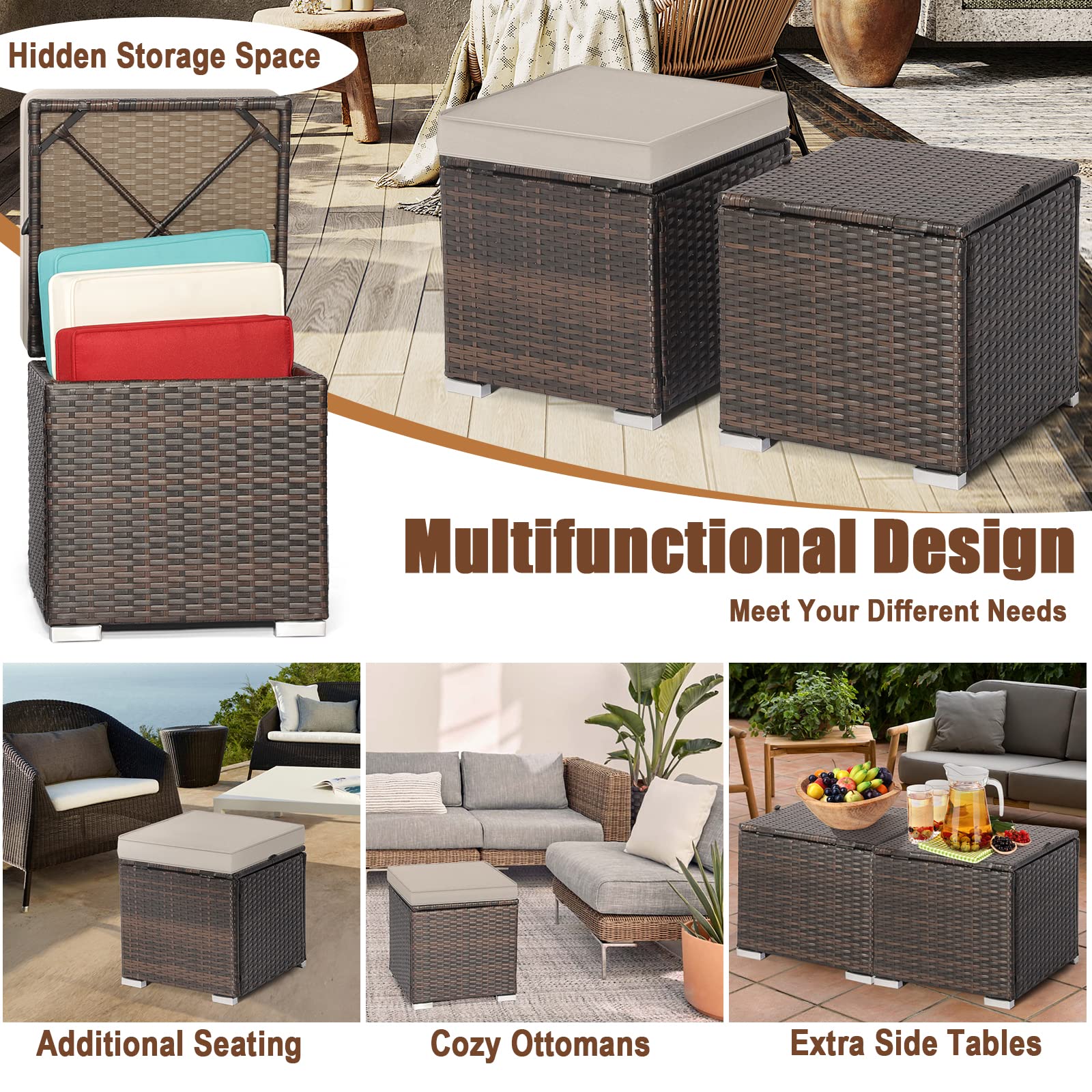 MEDIMALL Patio Wicker Ottoman Set of 2, Multipurpose Outdoor Footstool w/Removable Cushions, Rattan Side Table w/Storage, Footstool Ottoman Seat for Garden, Backyard, Poolside (Beige)