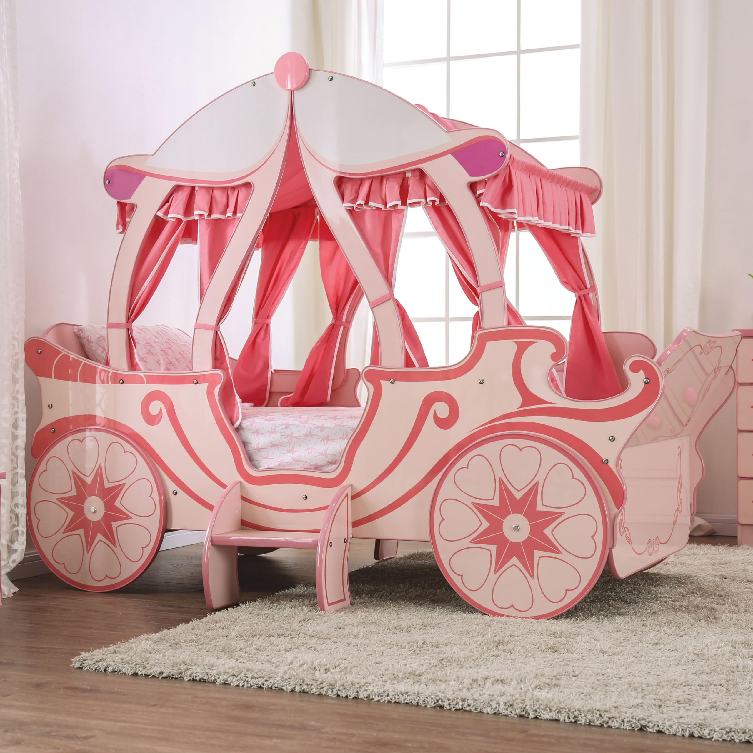 Furniture of America McHenry Twin-Size Kids Bed with Princess Carriage Design, Curtain and Slat Kit Included, Small Ladder, No Box Spring Required for Girls, Pink