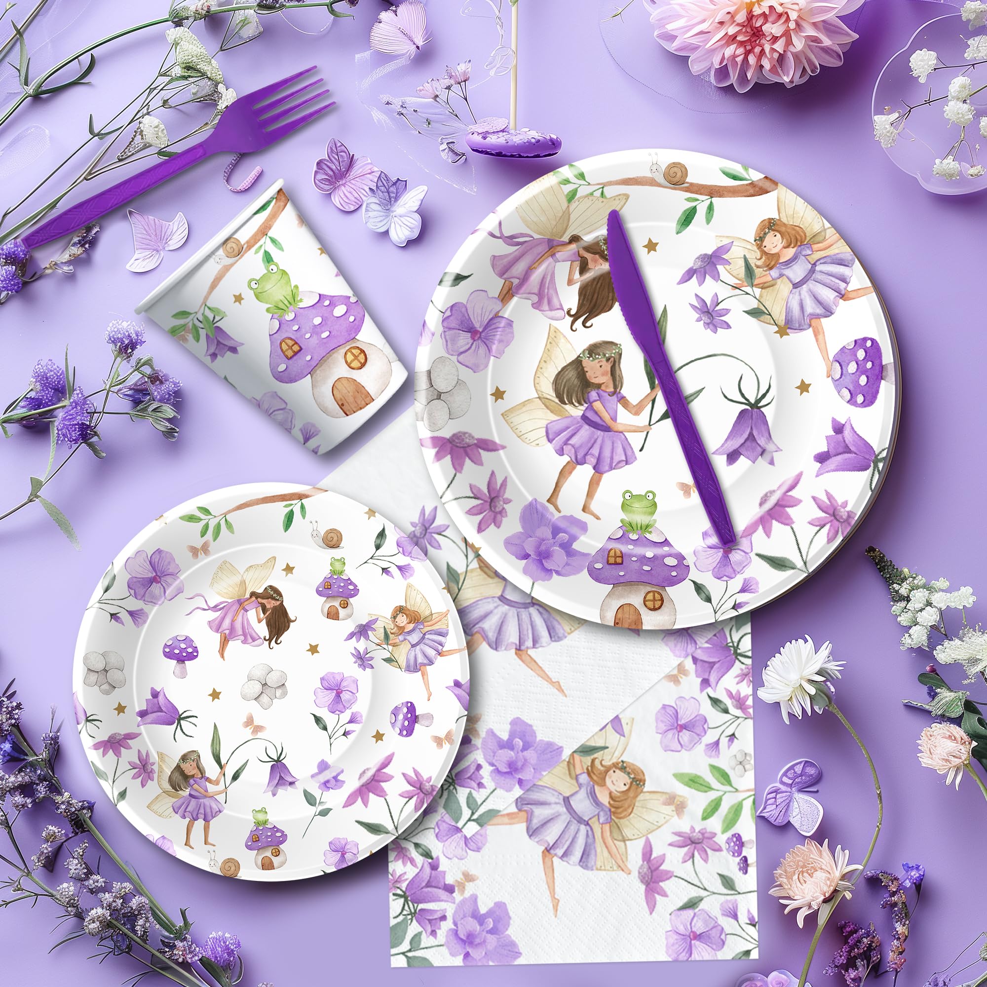 Xenorik Fairy Party Decorations Tableware - Purple Fairy Birthday Party Supplies, Paper Plate, Cup, Napkin, Cutlery, Flower Fairies Princess Enchanted Forest Garden Baby Shower Decorations | Serve 24