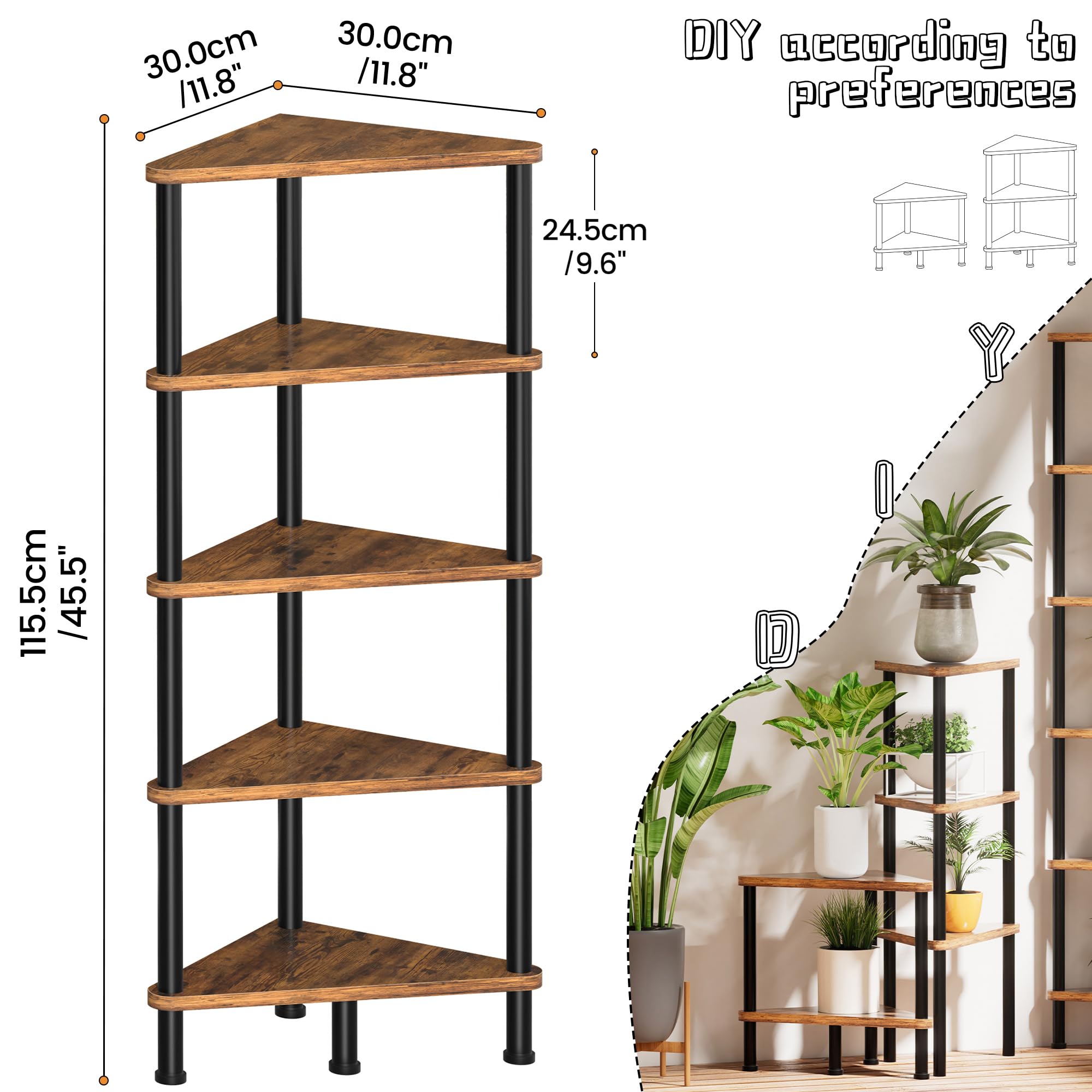 Lifenite Corner Shelf Stand, 5 Tier Corner Bookshelf with Storage, Corner Bookcase for Small Spaces, DIY Stackable Bookshelf, Corner Display Plant Stand, Bathroom, Living Room, Kitchen, Home Office