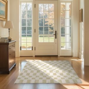 evergrace checkered plaid area rug 3x5, soft faux wool rugs washable anti slip rugs small rug carpet for entryway bedroom living room hallway kitchen dining room and laundry room, beige