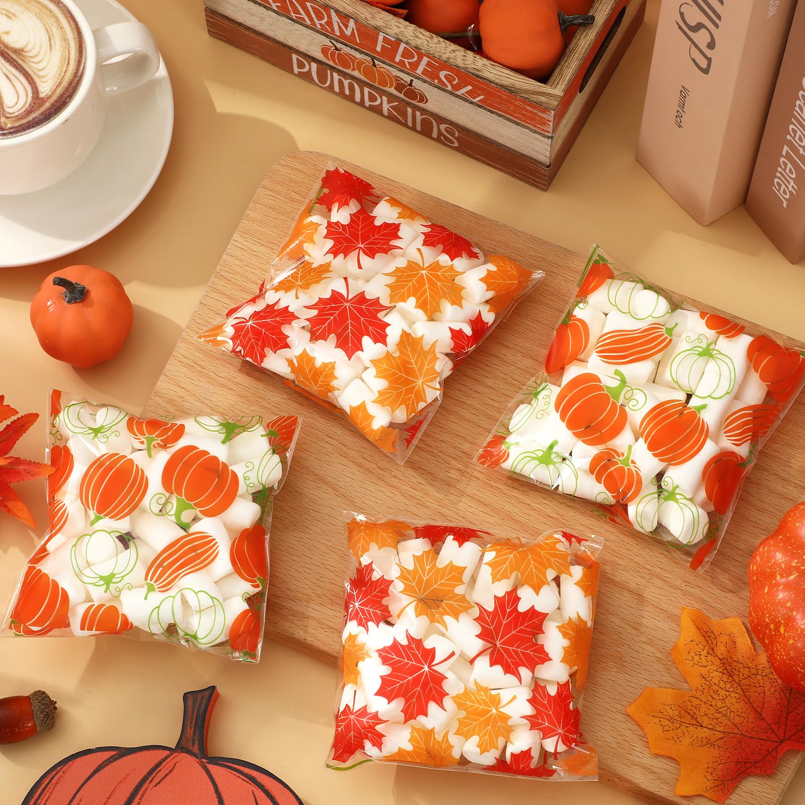 JarThenaAMCS 320Pcs Fall Self Adhesive Treat Bags Pumpkin Maple Leaves Cellophane Bags Clear Candy Bags Plastic Goodie Bags for Autumn Harvest Party Gift Snack Wrapping Supplies