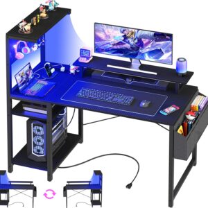 Homieasy Gaming Desk with Power Outlets & Pegboard & Led Light, 43 Inch Computer Desk with Reversible Storage Shelves & Side Storage Bag, PC Gamer Desk with Hutch & Monitor Stand, Carbon Fiber Black