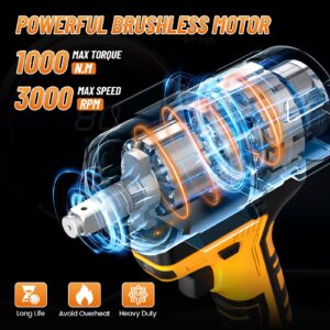 1/2 in. Cordless Impact Wrench 1000N.m(738ft-lbs), 21V Electric Power Impact Gun, 2x 4.0Ah Battery, Fast Charger & 5 Sockets, Brushless Motor with Variable Speed Trigger for Car/Truck RV/Tractor/Tire