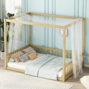 Full Size Canopy Bed Frame with Guardrails for Kids,Floor Bed Full with Four Poster Design,Kids Montessori Floor Bed,Wood Canopy Bed Frame for Girls,Boys(Full,Natural)