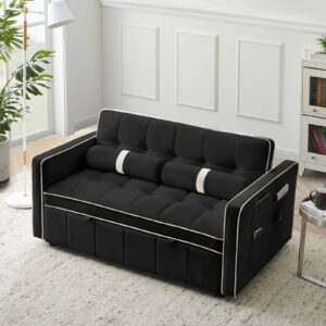 3-in-1 Convertible Sleeper Sofa Bed,55.5" Modern Tufted Velvet Pull Out Couch Bed,Futon Small Love Seat Sofa with Adjustable Backrest&Cylinder Pillows for Living Room,Apartment,Small Places(Black)