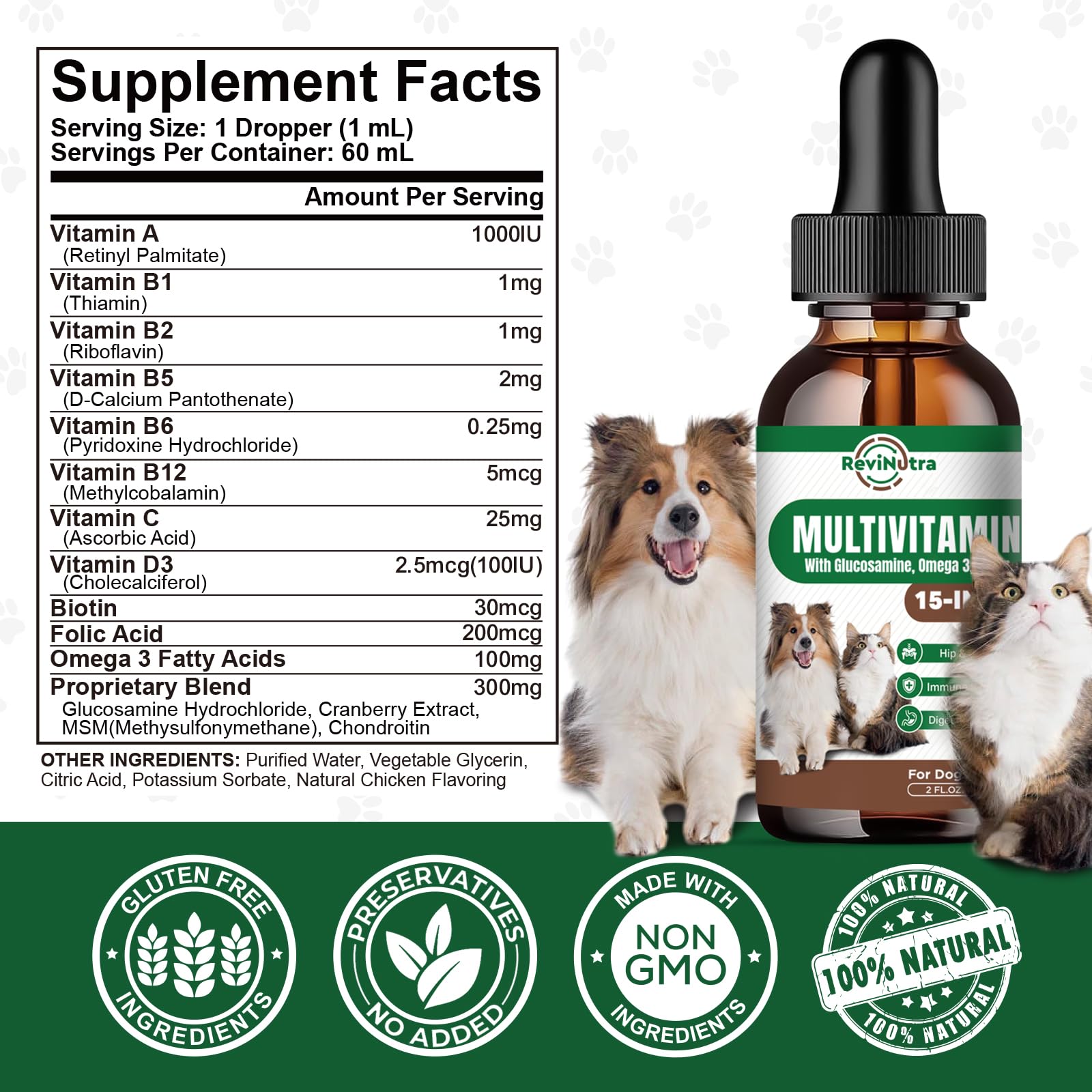 Dog Vitamins and Supplements - Dog Multivitamin Liquid Drops, 15 in 1 Pet Vitamins Supplement for Dogs & Cats - Support Joint, Gut, Immune, Digestion, Heart, Skin & Coat, 2 Fl Oz