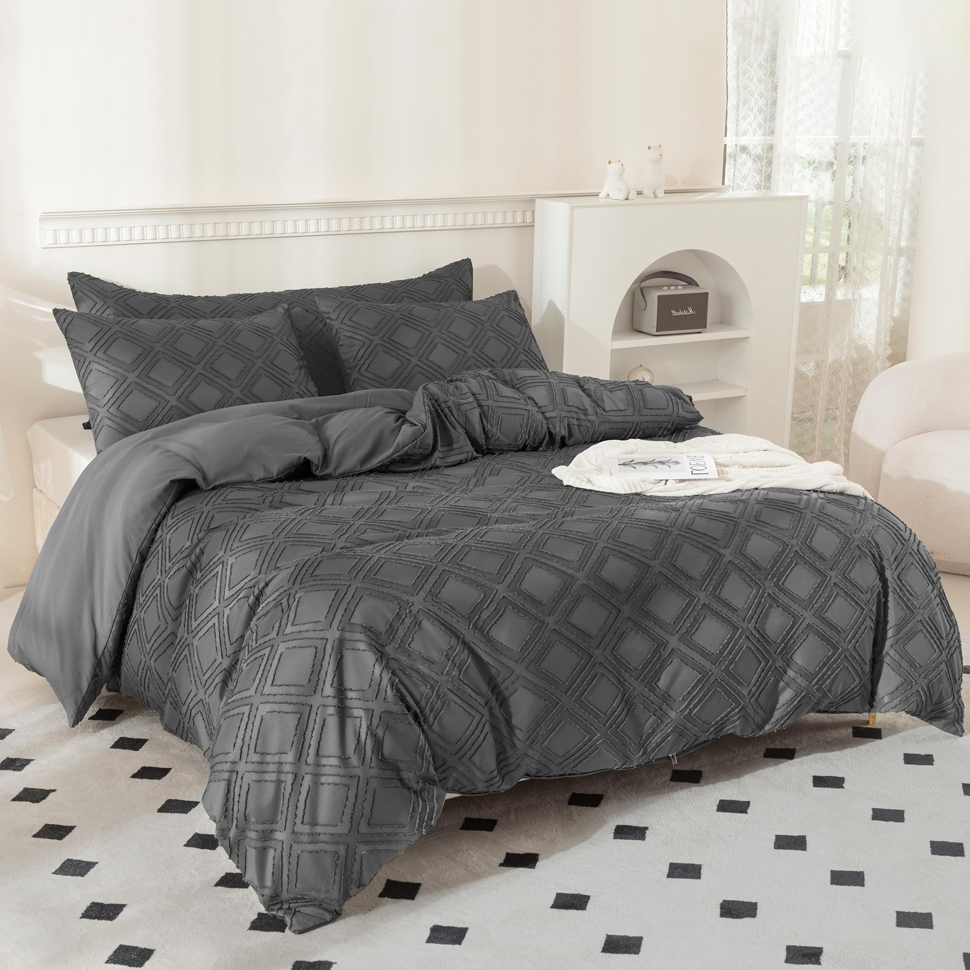 JELLYMONI Dark Grey Duvet Cover Queen Size - 3 PCS Microfiber Tufted Duvet Cover Set, Boho Textured Duvet Cover Jacquard Rhombus Geometric Pattern Duvet Cover with Corner Ties & Zipper Closure