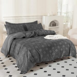 JELLYMONI Dark Grey Duvet Cover Twin Size - 3 PCS Microfiber Tufted Duvet Cover Set, Boho Textured Duvet Cover Jacquard Rhombus Geometric Pattern Duvet Cover with Corner Ties & Zipper Closure