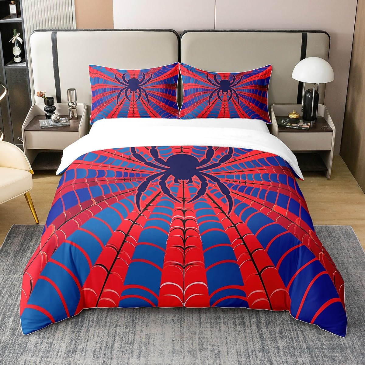 Spider Silhouette 100% Cotton Duvet Cover,Watercolor Abstract Spider Web Kids Halloween Theme Comforter Cover,Red Blue Print Cartoon Spider Web Comforter Cover 2 Pcs with 1 Pillowcase Twin