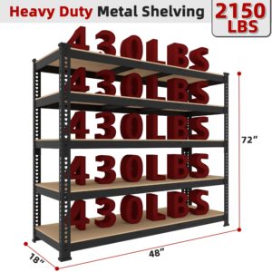 BuxWellBang 48" W x 18" D x 72" H Adjustable Garage Storage Shelves - 5-Shelf Heavy Duty Shelving Unit, Metal Utility Storage Organizer Racks for Warehouse Pantry Closet Kitchen, Black