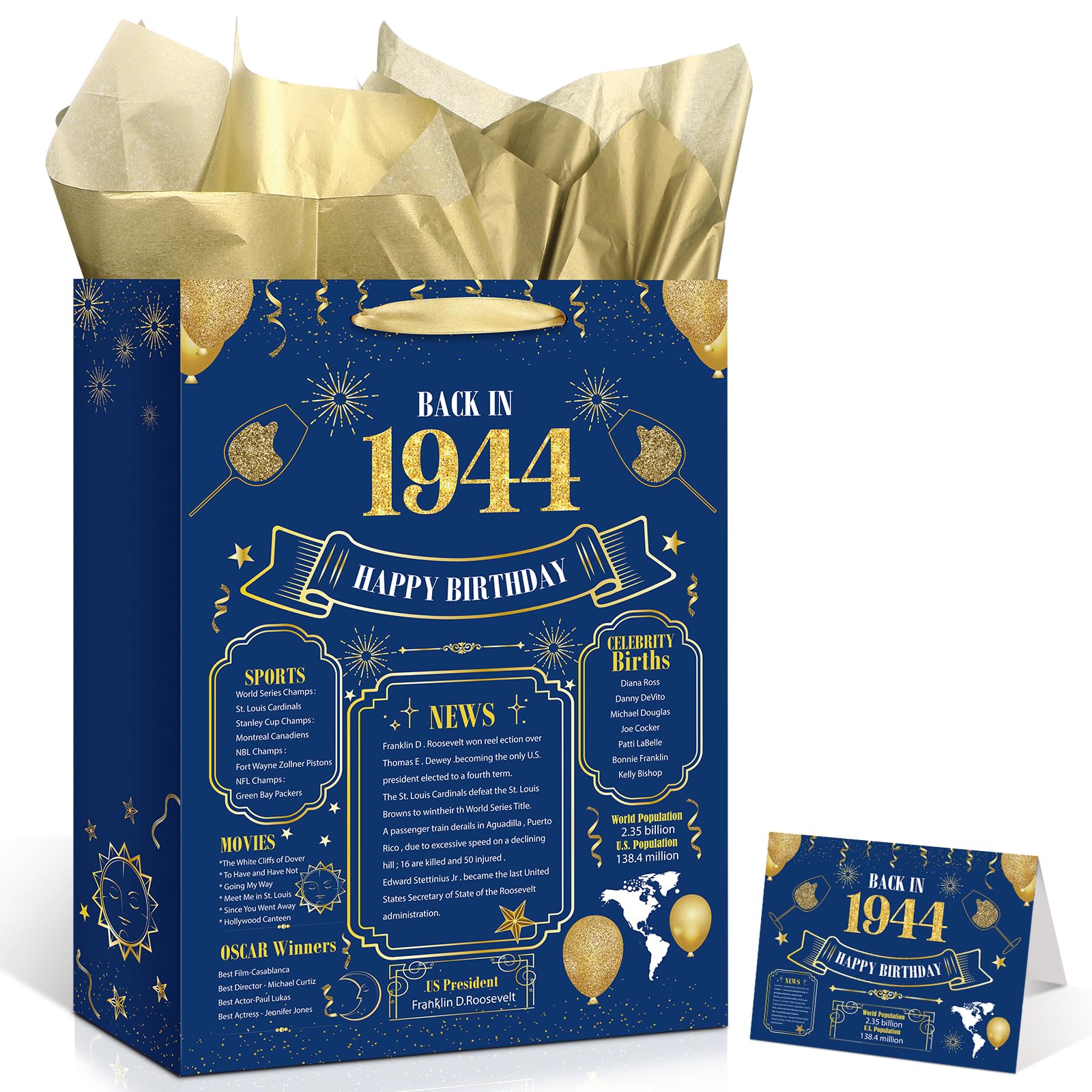 Blue 80th Birthday Gift Bag, 16" Large Size Navy Blue Gold Back in 1944 Happy Birthday Gift Wrap Bag Decorations with Tissue Paper Back in 1944 Card for Men 80 Anniversary Party Wrapping Bags Supplies