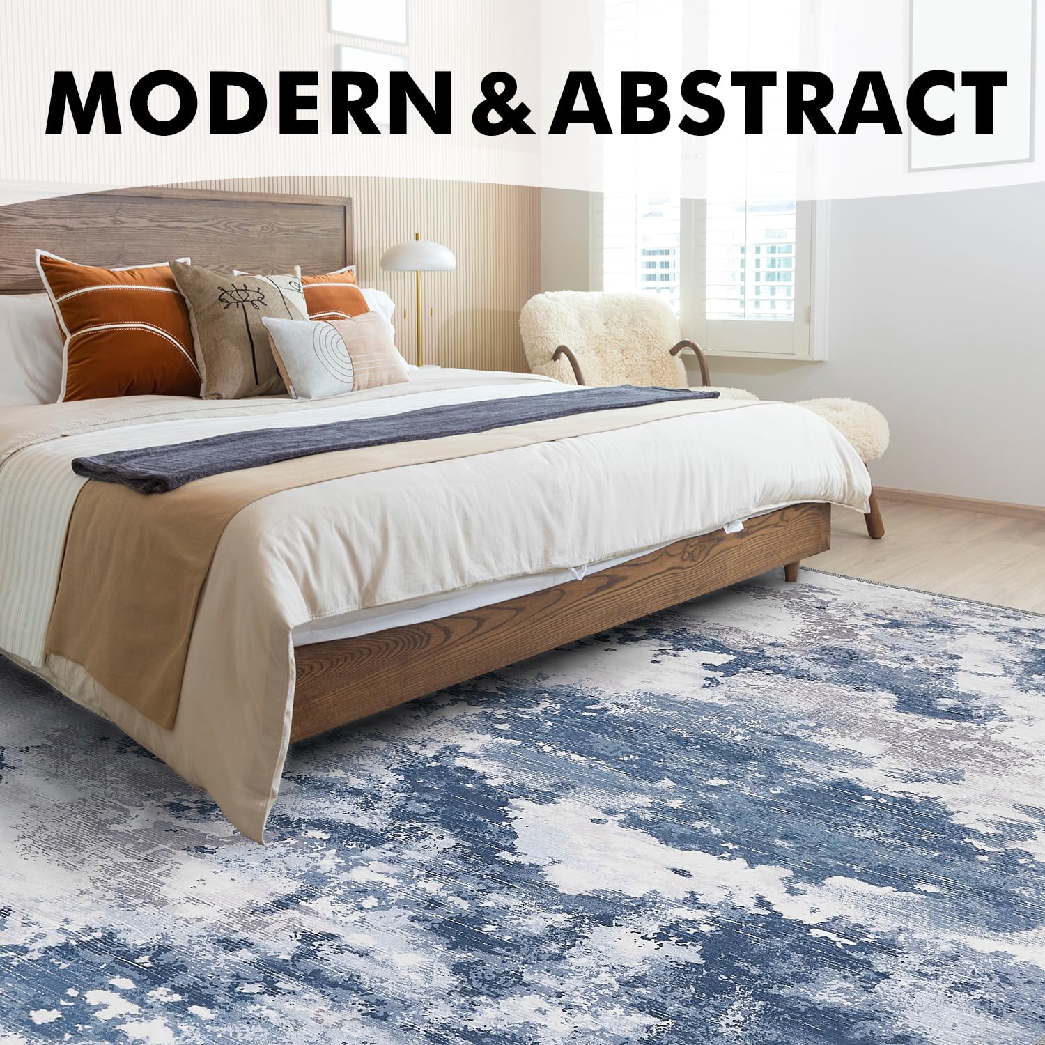 Area Rugs for Living Room Rug 5x7 Carpet-Rugs for Bedroom Abstract Modern Dining Room Rug Office Rug Low Pile Machine Washable Rug Non Slip Durable Grey Blue Rug