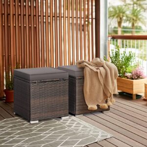 MEDIMALL Patio Wicker Ottoman Set of 2, Multipurpose Outdoor Footstool w/Removable Cushions, Rattan Side Table w/Storage, Footstool Ottoman Seat for Garden, Backyard, Poolside (Gray)