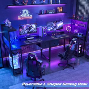 Homieasy L Shaped Gaming Desk with Drawer & Pegboard, 47 inch LED Small Computer Desk with Power Outlet & Storage Shelves, Reversible Corner Desk with Monitor Stand, Headset Hooks, Carbon Fiber Black