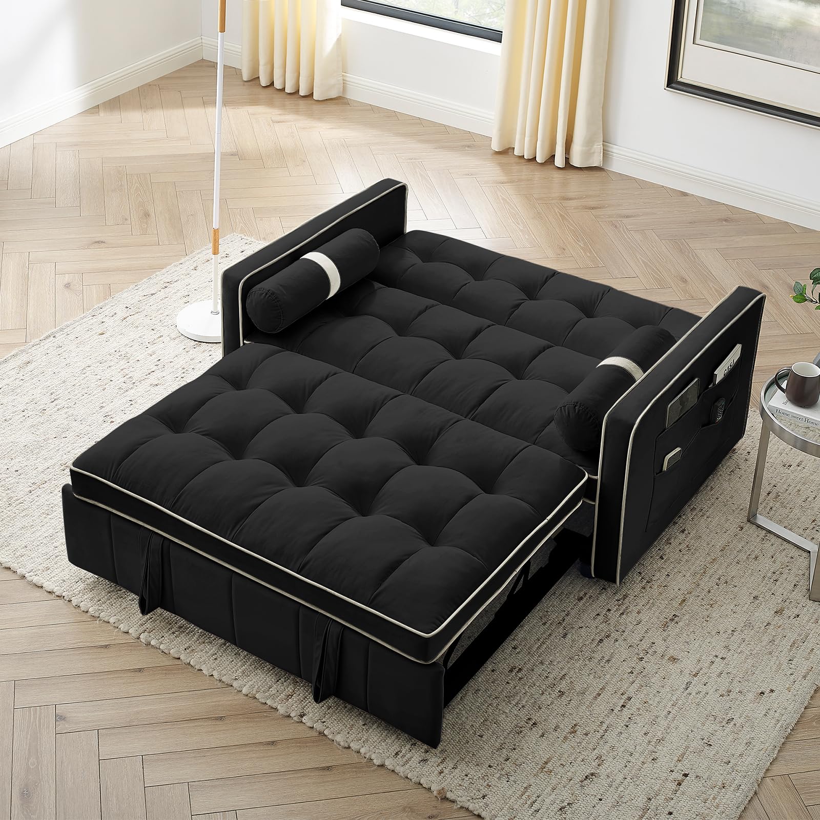 3-in-1 Convertible Sleeper Sofa Bed,55.5" Modern Tufted Velvet Pull Out Couch Bed,Futon Small Love Seat Sofa with Adjustable Backrest&Cylinder Pillows for Living Room,Apartment,Small Places(Black)