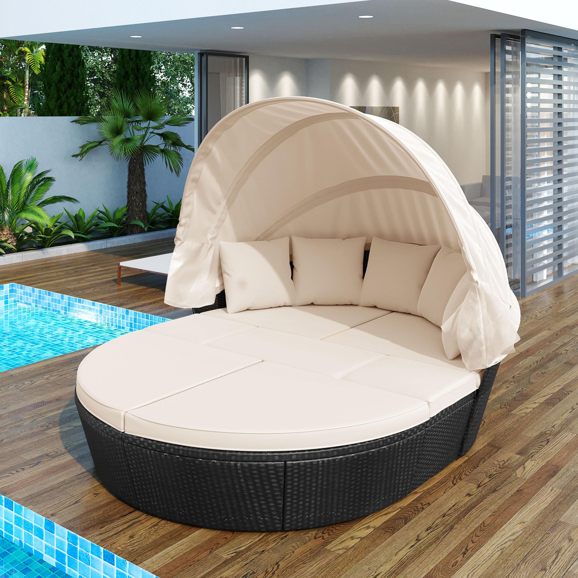 LUMISOL Patio Round Daybed with Retractable Canopy, Outdoor Rattan Sectional Sofa Set, Rattan Canopy Bed with Washable Cushions for Backyard Garden Porch Poolside, Beige