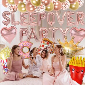 Sleepover Party Supplies for Girls - Rose Gold Sleepover Party Balloon Banner Large Popcorn Donut Pizza Crown Foil Balloons Girls Night Slumber Pajamas Spa Party Birthday Party Decorations