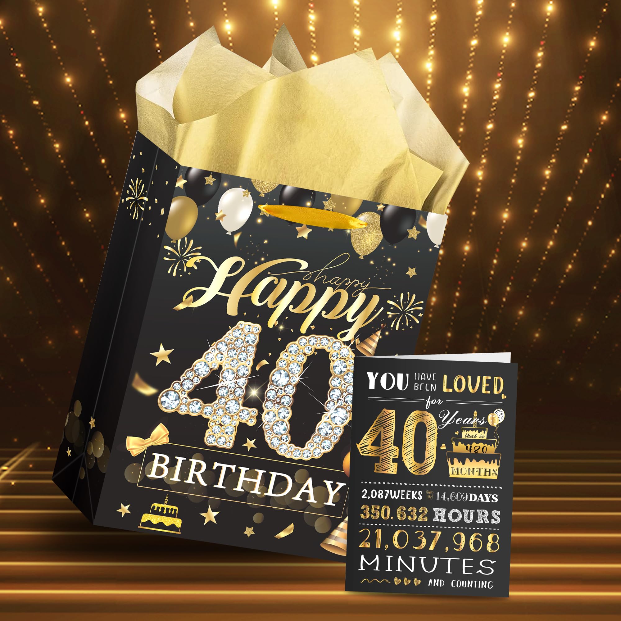 EoBeCy 40th Birthday Gift Bag: Black Gold Happy Birthday Gift Bag with Card and Tissue Papers for 40 Year Old Men Women Birthday Gift Wrap Bags with Handles for 40th Birthday Party Gift Bags