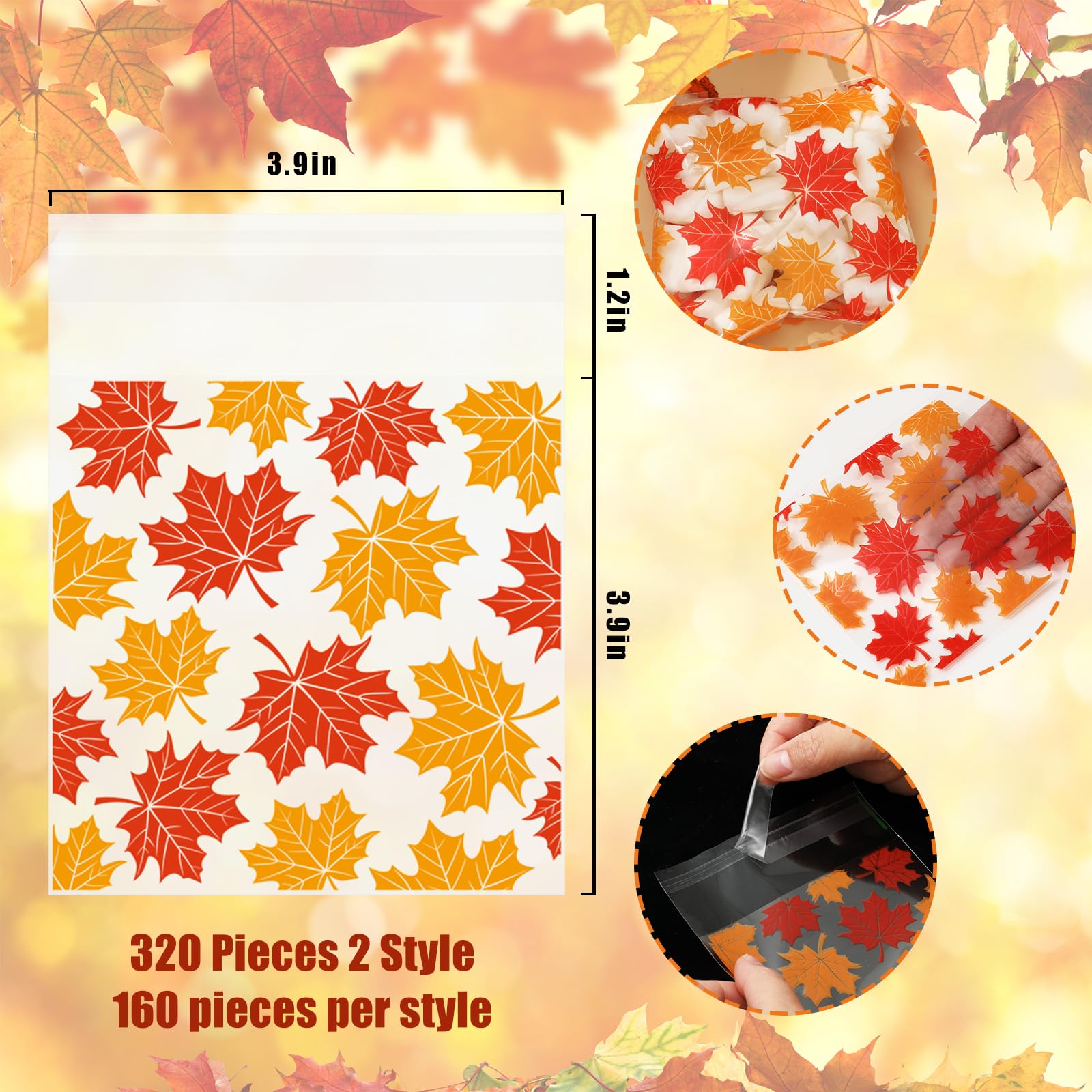 JarThenaAMCS 320Pcs Fall Self Adhesive Treat Bags Pumpkin Maple Leaves Cellophane Bags Clear Candy Bags Plastic Goodie Bags for Autumn Harvest Party Gift Snack Wrapping Supplies