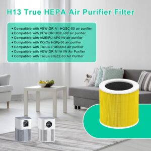 A1 Replacement Filter Compatible with VEWIOR Air Purifier A1, HQSC-50, HQKJ-80, AMEIFU AP01W, KOIOS HQKJ-50, Tailulu PUR0003/HQZZ-60, 3-in-1 H13 True HEPA Air Cleaner Filter for Pet Hair Smell 2 Pack