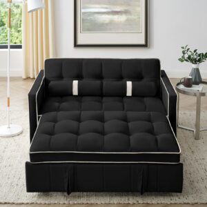 3-in-1 Convertible Sleeper Sofa Bed,55.5" Modern Tufted Velvet Pull Out Couch Bed,Futon Small Love Seat Sofa with Adjustable Backrest&Cylinder Pillows for Living Room,Apartment,Small Places(Black)